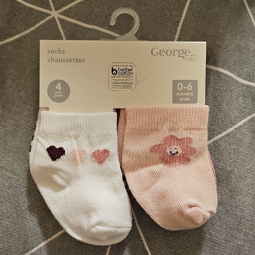 George Baby Heart and Flower Socks Set - Pink and White 0-6M